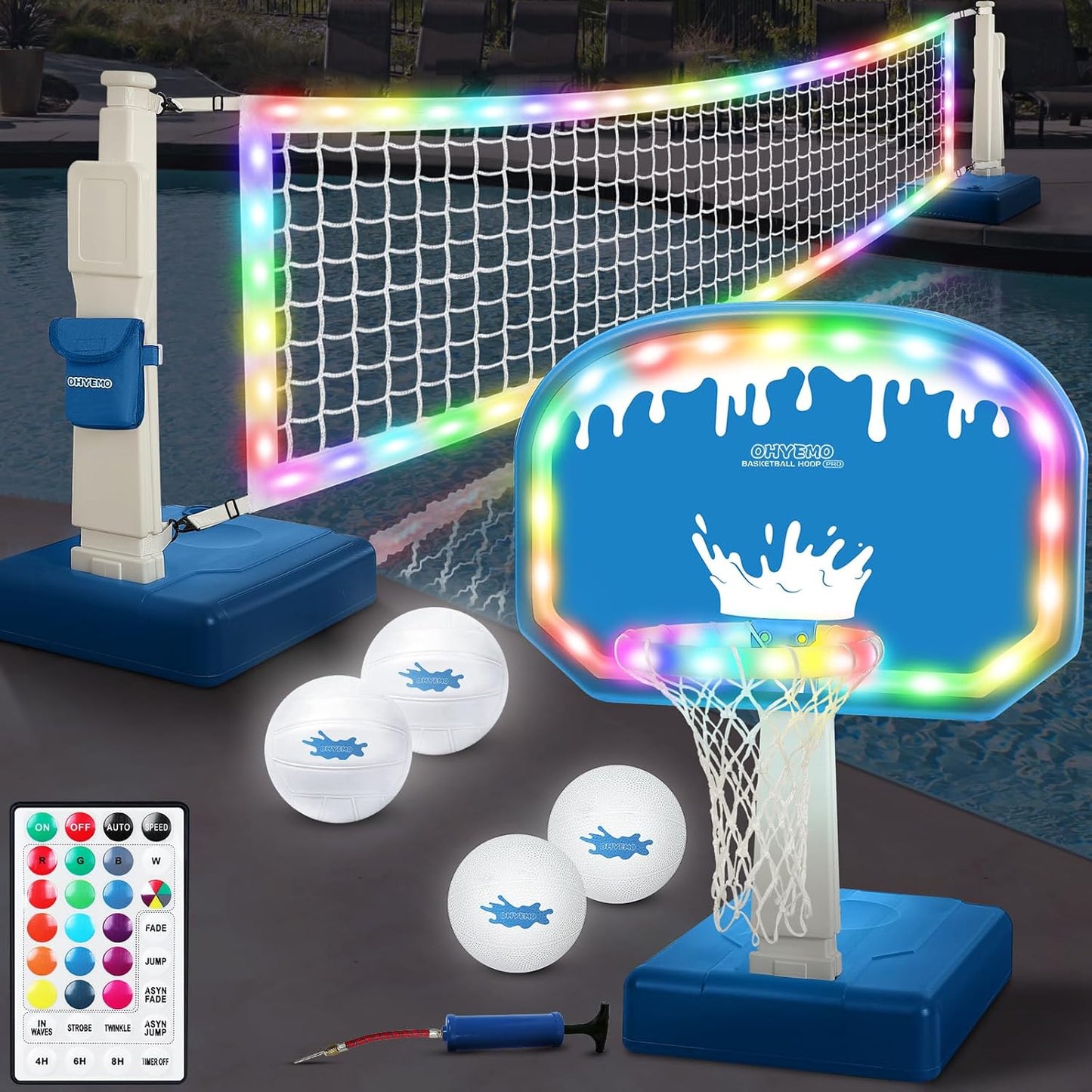 LED Pool Volleyball & Basketball Combo – 2-in-1 Light-Up Game Set with Glow Balls & Rim for Family Fun in Inground Pools