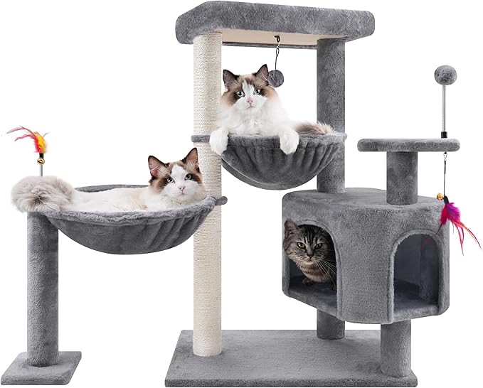 Cat Tree Tower with Condo & Scratching Post Indoor Cat Activity Center with Hammocks & Toys, Grey