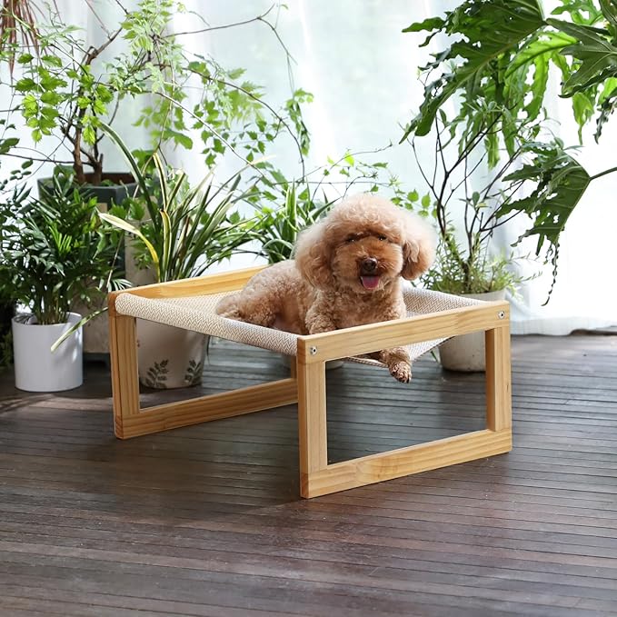 21” x 16.5” Elevated Wooden Pet Hammock Breathable Outdoor Cat & Dog Bed for Small Animals