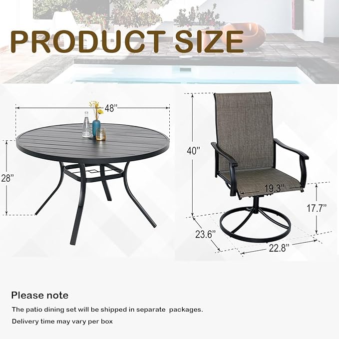Outdoor 5 Piece Dining Set 48" Round Table with Swivel Chairs, Weather Resistant Design