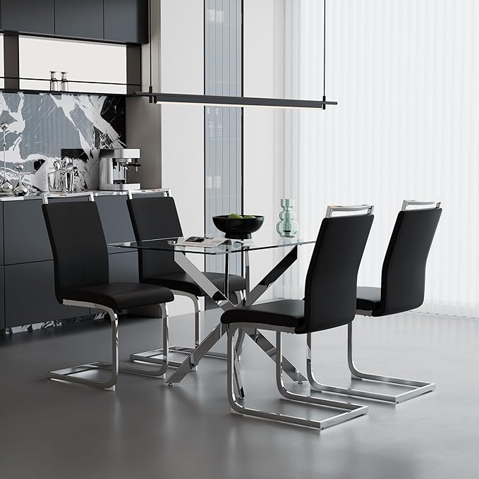 5-Piece Dining Table Set, Tempered Glass Top with 4 Upholstered Dining Chairs
