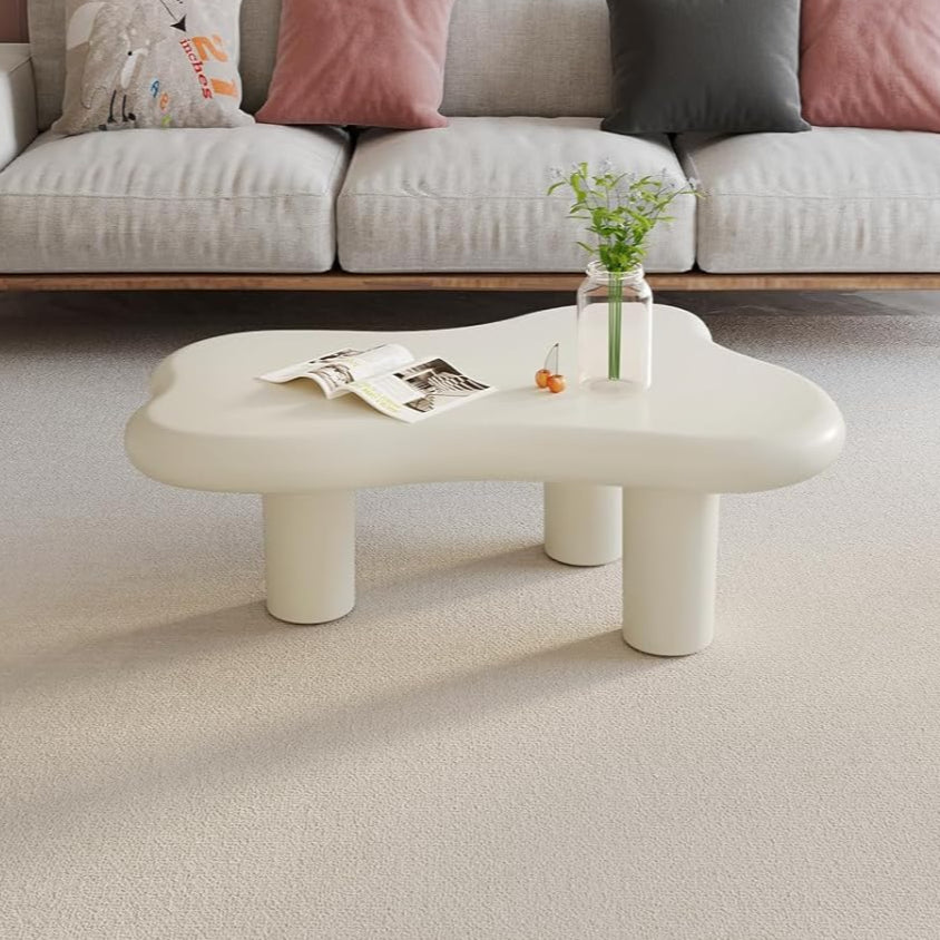 Cream White Irregular Coffee Table 39" Modern Centerpiece with 3 Leg Base