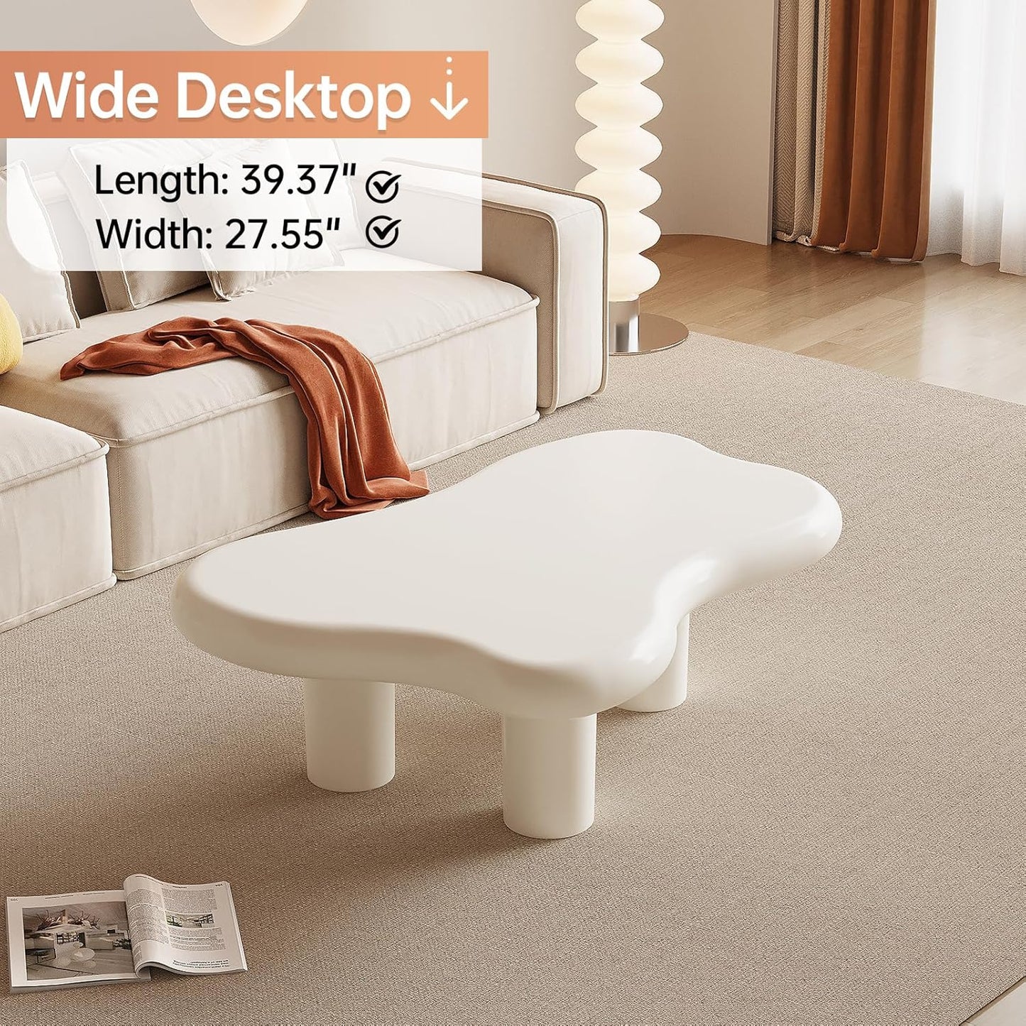 Cream White Irregular Coffee Table 39" Modern Centerpiece with 3 Leg Base