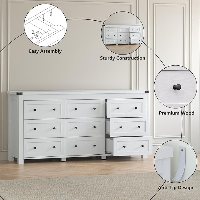 Modern 9-Drawer White Dresser – Wide Wooden Storage Chest for Bedroom, Closet, Living Room & Office