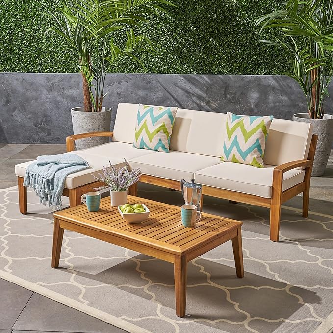 L-Shaped Outdoor Patio Furniture Set – Acacia Wood Sofa with Matching Table