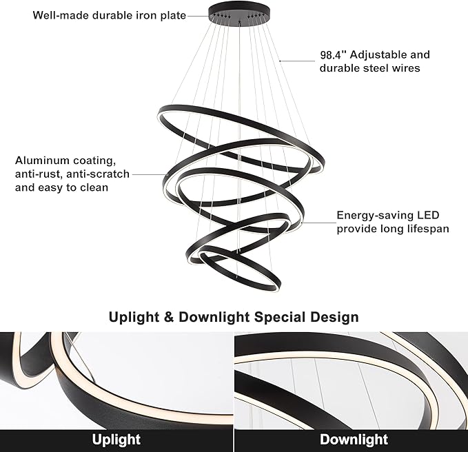 LED Modern Ring Chandelier, 15.7"-31.4" Adjustable Black Light Fixture for High Ceilings, Foyer, Living Room