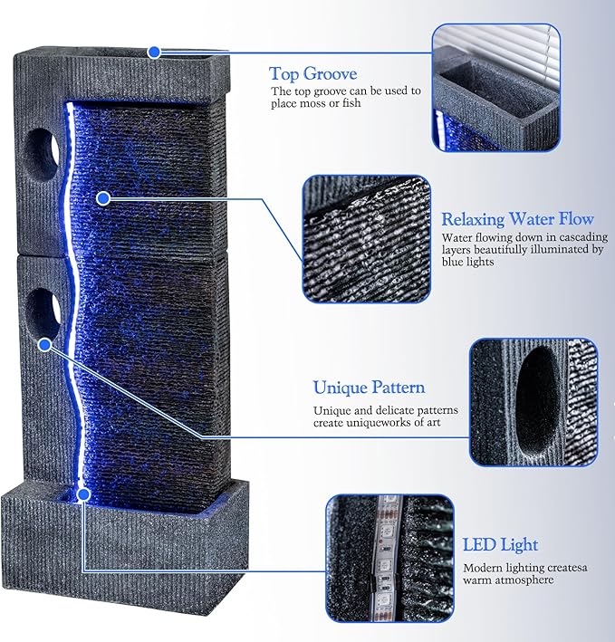 Modern Garden Waterfall Fountain, 39.5" Outdoor Floor Standing Feature with LED Light Strip