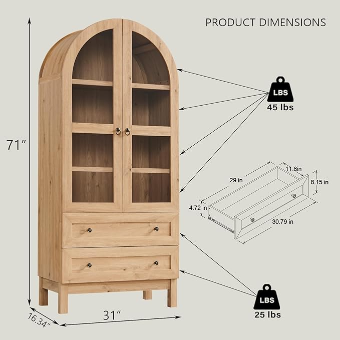 Farmhouse Kitchen Pantry Cabinet, 71" Tall Wood Storage with Arched Top, Adjustable Shelves, and 2 Large Drawers