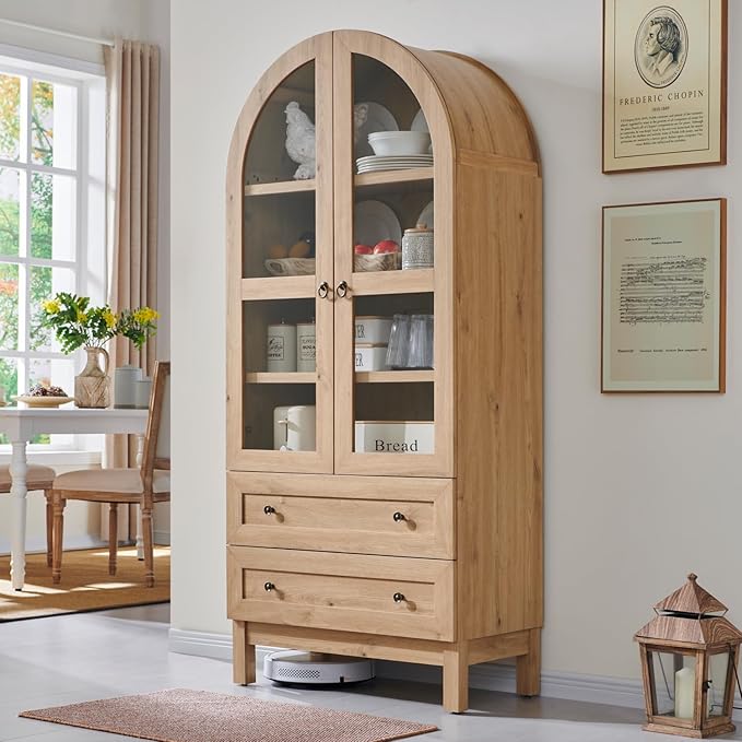 Farmhouse Kitchen Pantry Cabinet, 71" Tall Wood Storage with Arched Top, Adjustable Shelves, and 2 Large Drawers