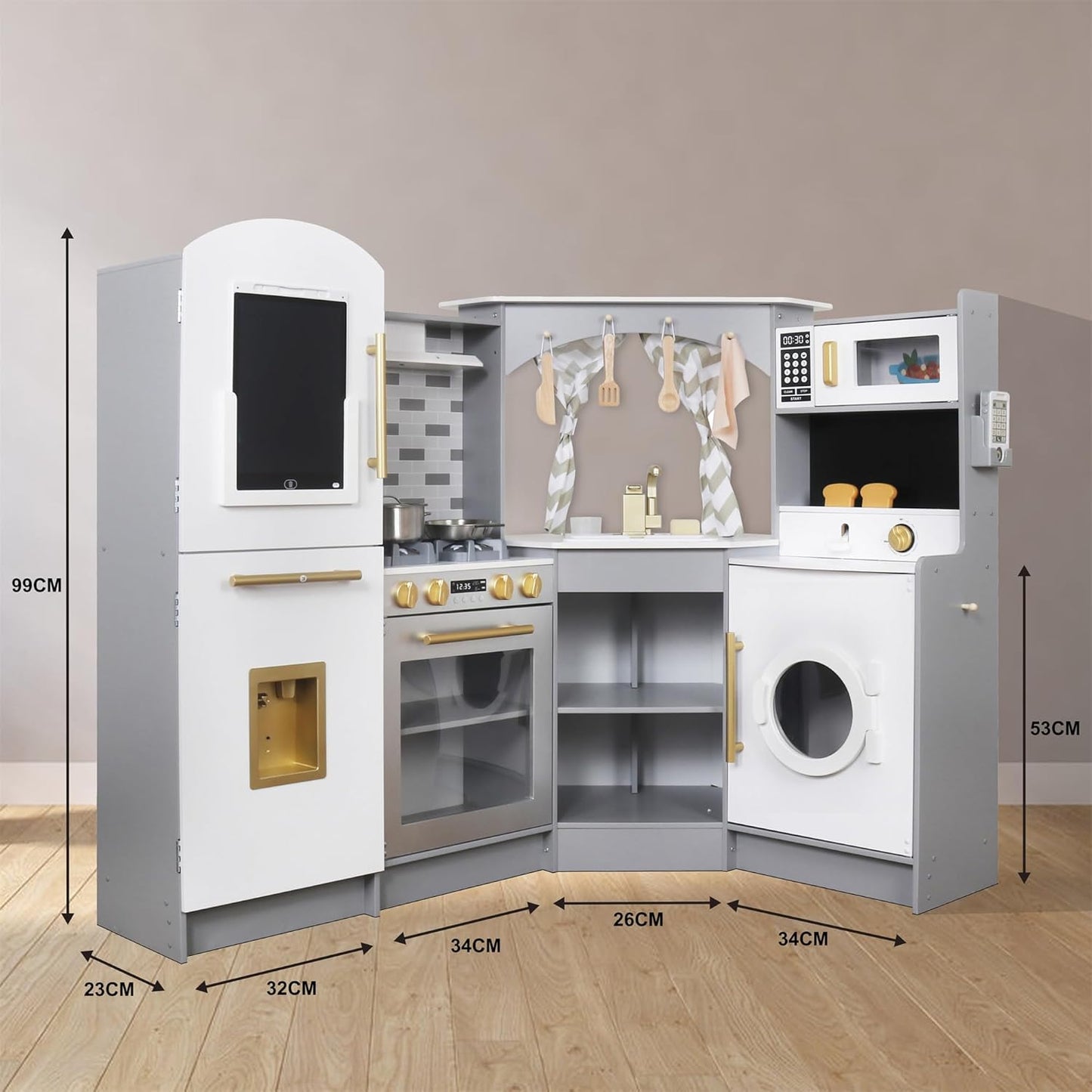 Large Wooden Corner Play Kitchen Set – Includes Ice Maker, Water Dispenser, Bread Maker, Washing Machine, and More
