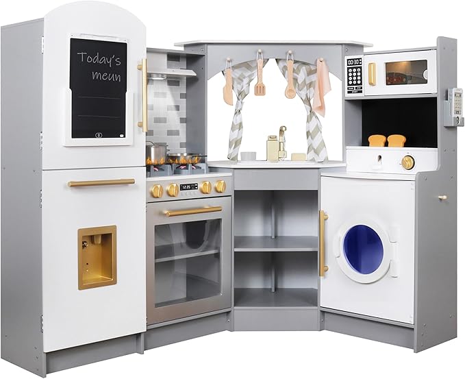Large Wooden Corner Play Kitchen Set – Includes Ice Maker, Water Dispenser, Bread Maker, Washing Machine, and More