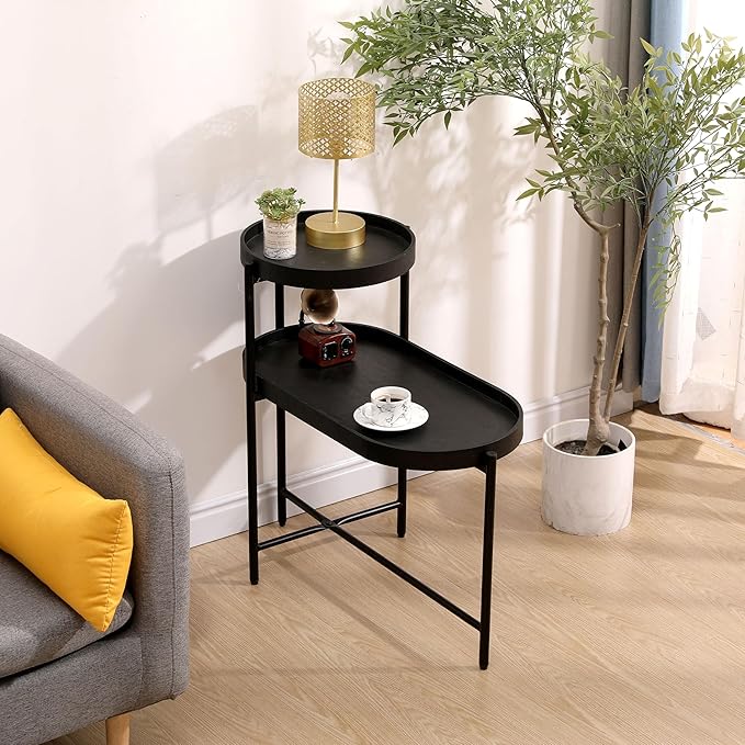 Modern Black 2-Tier Side Table with Sturdy Metal Frame