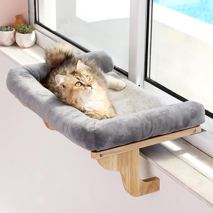 Cat Window Perch with Bolster Hardwood & Metal Frame Cat Hammock for Cats and Kittens