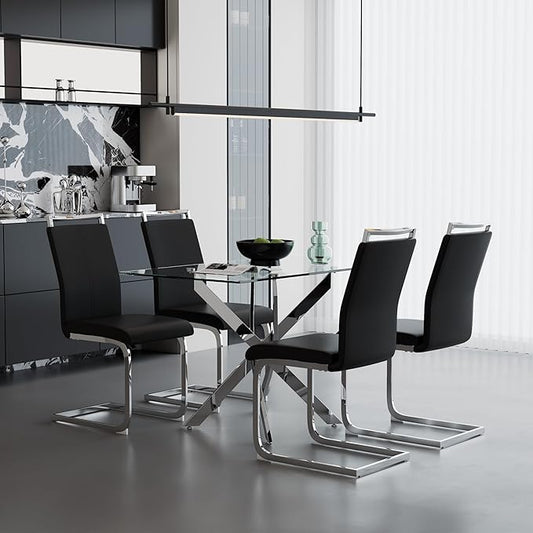 5-Piece Dining Table Set, Tempered Glass Top with 4 Upholstered Dining Chairs