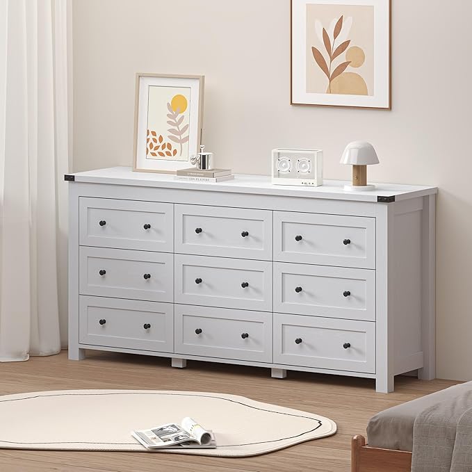 Modern 9-Drawer White Dresser – Wide Wooden Storage Chest for Bedroom, Closet, Living Room & Office