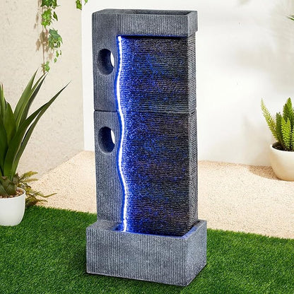 Modern Garden Waterfall Fountain, 39.5" Outdoor Floor Standing Feature with LED Light Strip