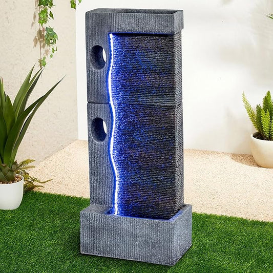 Modern Garden Waterfall Fountain, 39.5" Outdoor Floor Standing Feature with LED Light Strip