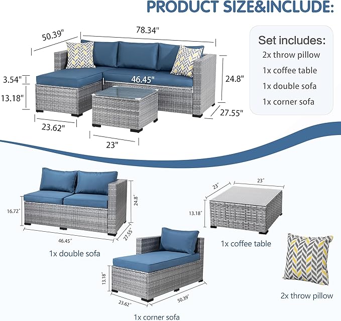 Patio Furniture Set, 3-Piece All-Weather Rattan Sectional Sofa and Glass Coffee Table, Silver Outdoor Conversation Set