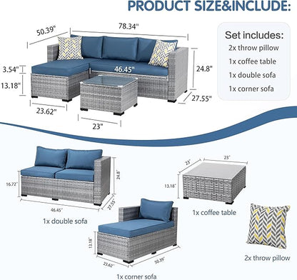 Patio Furniture Set, 3-Piece All-Weather Rattan Sectional Sofa and Glass Coffee Table, Silver Outdoor Conversation Set