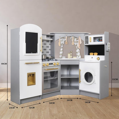 Large Wooden Corner Play Kitchen Set – Includes Ice Maker, Water Dispenser, Bread Maker, Washing Machine, and More